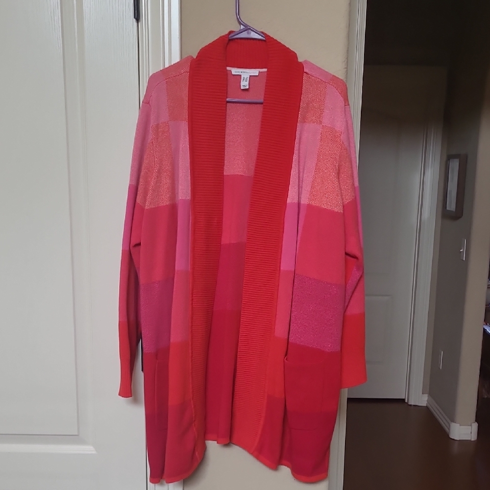 Isaac Mizrahi Women's Red and Pink Open Front Cardigan